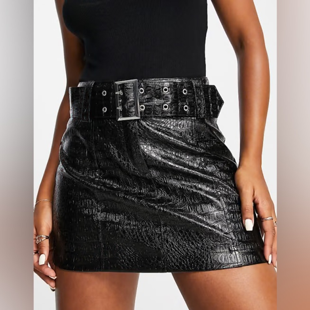 Patent Croc Mid Rise Belted Mini Skirt